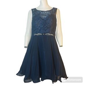 NWT Elizabeth K Lace Bodice Chiffon Navy Blue Semi-Formal Dress, Size M